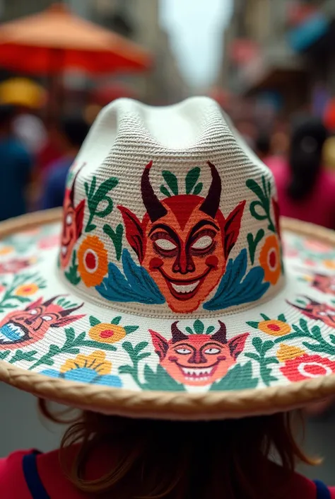 Classic white Colombian hat painted with happy Carnival devils 