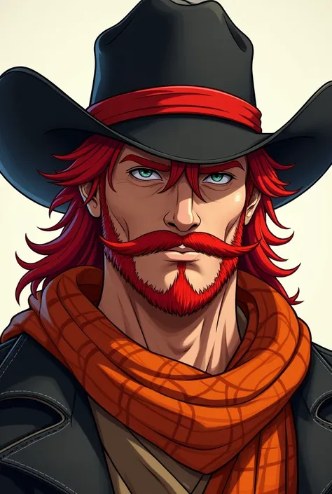 a character with a cowboy-inspired look. He wears a black hat with a red band, and has visible red hair coming out from under the hat. The mustache is thick and red, and he wears an orange plaid scarf around his neck, adding a classic touch to the anime st...