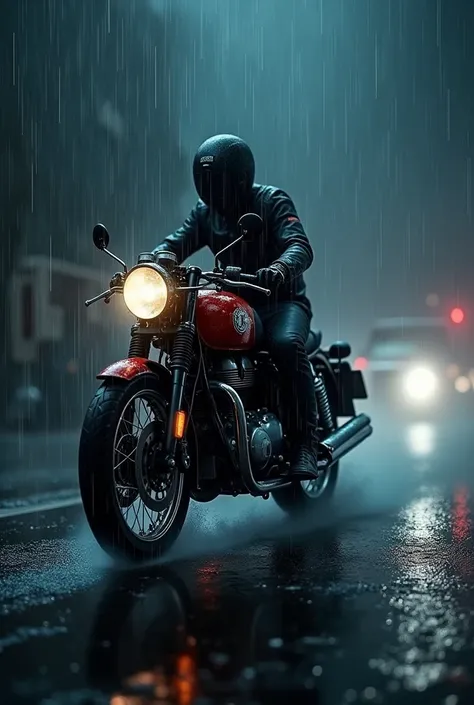 Royal Enfield meteor still in heavy rain at night 