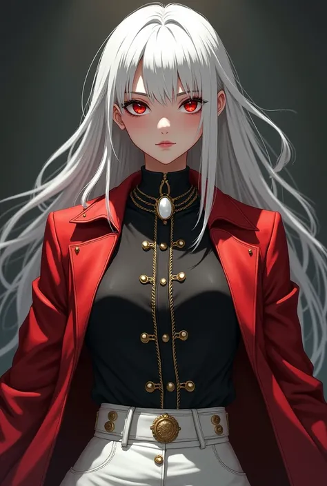 Caucasian female, Also white hair, red-eyed, has 1.68cm wears red jacket with aristocratic vibe, black blouse closed with gold details, necklace with a white stone, white pants and combat boots (like vigilante clothes). She is confident and serious, but di...