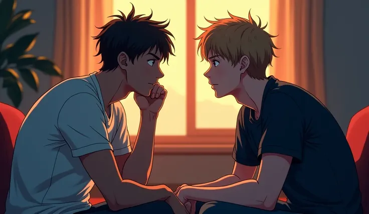 Two anime-style gay man are seated across from each other, their faces filled with deep emotion. One man is speaking softly, his expression serious, while the other listens intently, his face reflecting a mix of vulnerability and understanding. The atmosph...