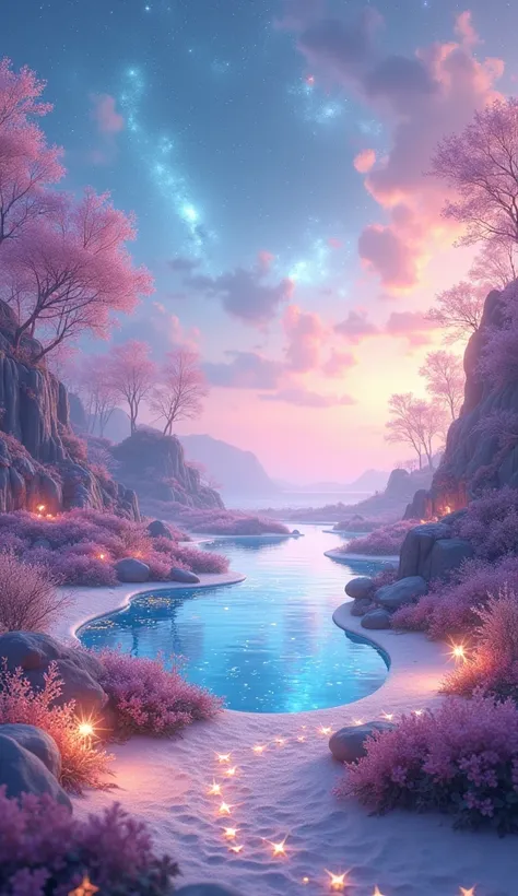 A fantastical celestial garden with a sky filled with vibrant, swirling nebulae in soft pastel colors such as pale blue, lavender, light pink, and subtle orange. The garden features flowing paths and celestial-themed designs on the ground, with shimmering ...