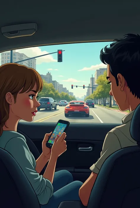 Please make me a picture where a girl is in the passenger seat and the boy is driving, where he is glued to his cell phone to change the music and he doesn&#39;t see that he ran the red light and a car is coming from the other side and the car is coming ve...