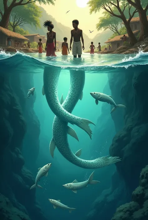 In a village near a sacred river in Africa, Some children are born with the mysterious ability to transform into fish. They dive into the river to protect the community and bring wisdom from the depths.. Its transformations symbolize purity and spiritual c...