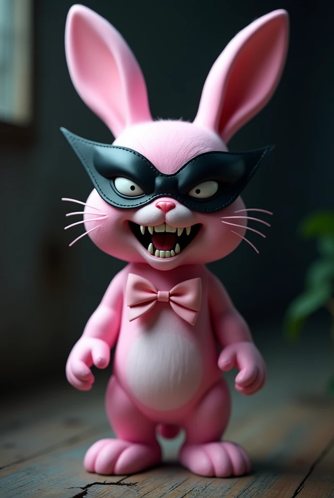 pink rabbit with pink bow and black playboy mask giving evil laugh 