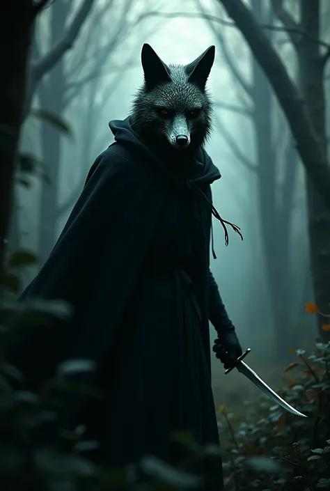 A killer in a fox mask, lurking from the shadows, In a forest, with a dagger in his hand.