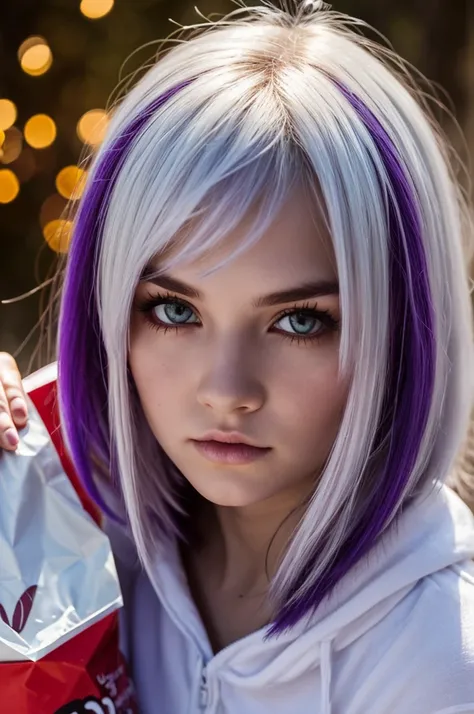 White haired girl, glowing purple/red mix underneath, wide hollowed eyes with bags underneath, emo