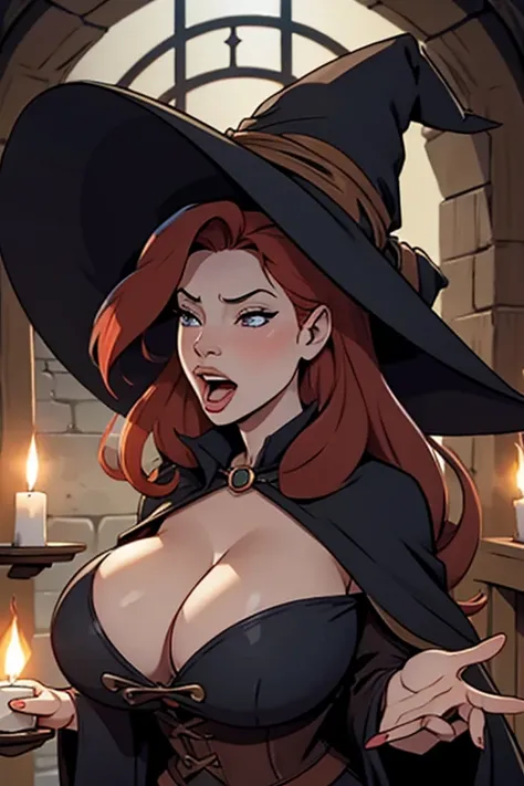 redhead, Big Breasts, Witch classic Outfit, classic Witch Hat, yawn
