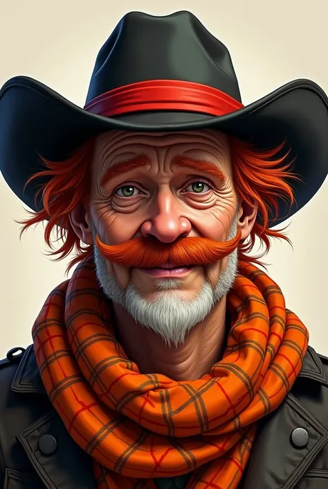 a character with a cowboy-inspired look. He wears a black hat with a red band, and has visible red hair coming out from under the hat. The mustache is thick and red, and he wears an orange plaid scarf around his neck, adding a classic touch to the look a d...