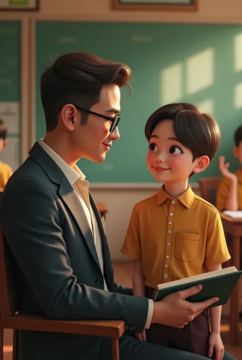 Create the images realistic which in the 2 a burmese handsome man with short brown hair and wearing a burmese teacher uniform and a glass on his face who is with a  his a burmese handsome boy student who wearing burmese student uniform, both man and boy ar...