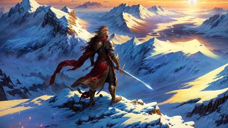 A warrior man standing on a mountain with a sword, dragonlance illustration, inspired by Noah Bradley, fantasy rpg book illustration, epic graphic novel wallpaper, silvain sarrailh, epic fantasy style art, fantasy graphic novel style, epic fantasy digital ...