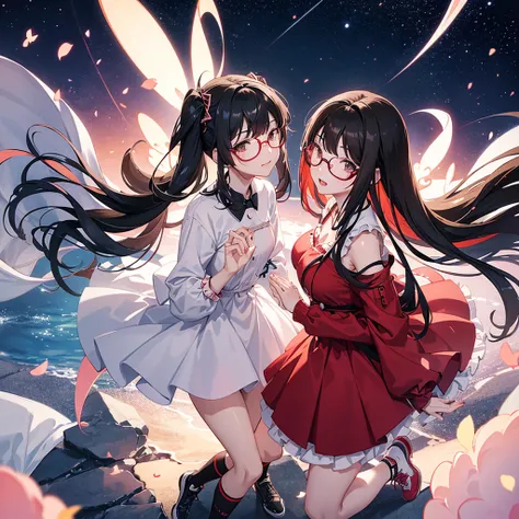 (Anime style) boy and girl  (Beautiful anime couple) Anime couple, a boy and a girl.  is pale skinned, very very long black hair. Black eyes. Cute glasses. Cute pink strapless dress with cute matching shoes. With a cute pink bow on the left in her hair.

H...