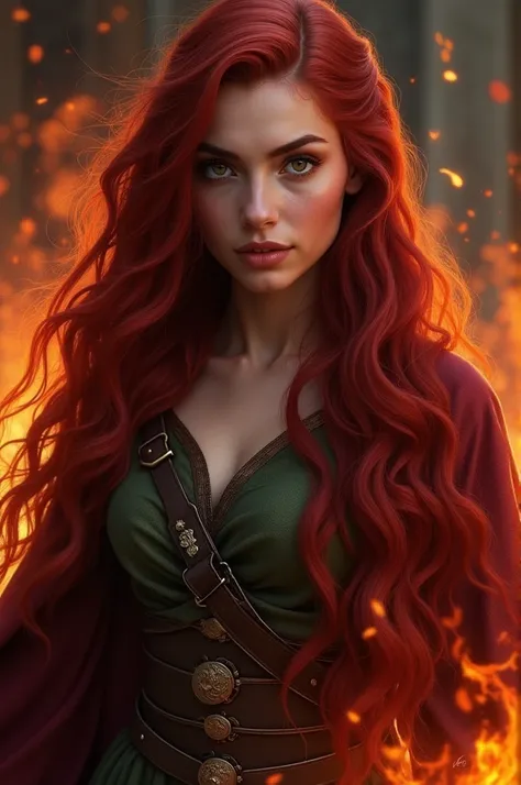 A character for history, forged from fire, long burgundy red hair, fire colored eyes 