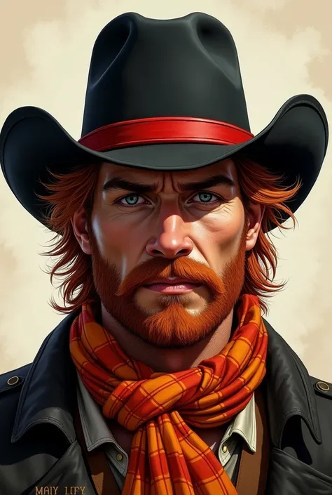 a character with a cowboy-inspired look. He wears a black hat with a red band, and has visible red hair coming out from under the hat. The mustache is thick and red, and he wears an orange plaid scarf around his neck, adding a classic touch to the look a d...