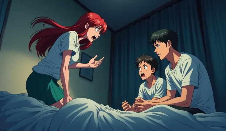 An anime-style scene shows a woman standing in a bedroom, angrily yelling at two men who are sitting on the edge of the bed. The woman’s face is full of frustration and anger, her hands gesturing sharply. The two men look surprised and tense, sitting close...