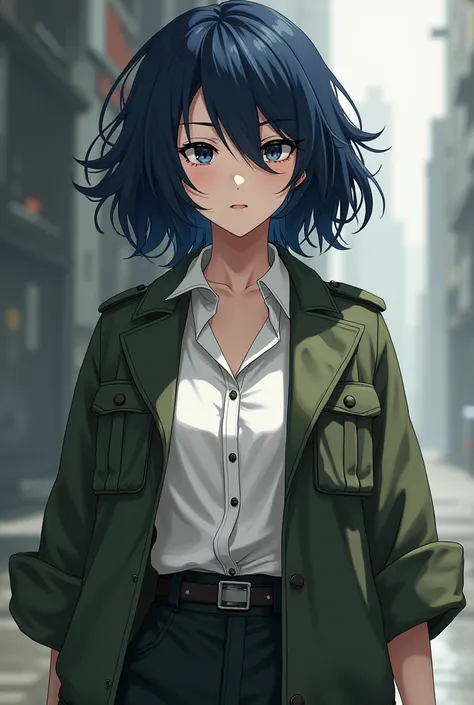 Brown androgynous person, dark blue hair, black eyes, wears military green jacket with closed white blouse, hunter pants. She is determined, but a little insecure. Non-realistic anime traits

