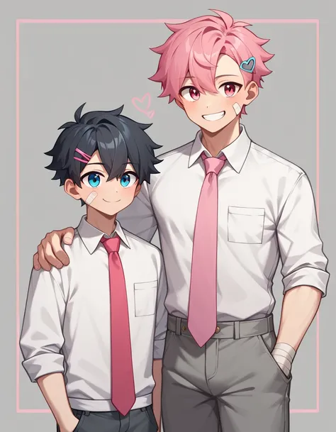 1 teenage boy, male focus, Bblack hair (pink front hair), franja entre os eyeballs (pink stripe), eyeballs (heterocromaticos: azul e amarelo), small smiling, smooth pale skin, simple white shirt, pink necktie, gray cargo pants with pockets, pink flower hai...