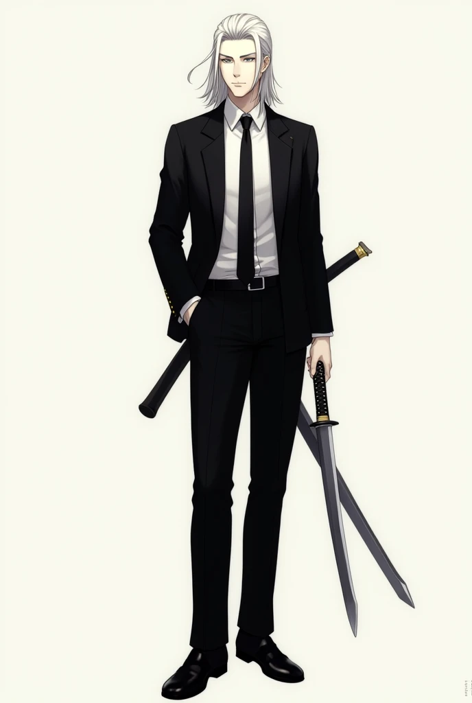 Male character with fair skin, long hair that falls neatly, and formal wear white shirt, black blazer, black trousers, black leather shoes, and black tie, and use elegant and simple watch accessories. Carrying a katana sword