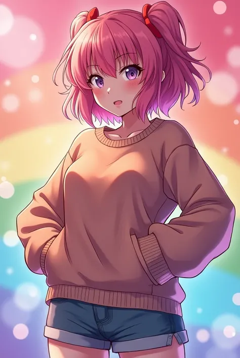 anime girl,upbeat,malicious,vivid,hands-on-hips,nice body,sweater,lesbian, clear background is lesbian flag,hot,cozy,pink hair,soft smile