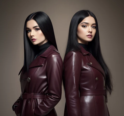 high quality, RAW photo, two girls, dressed in a long burgundy leather coat,  with buttons, gloves, Her long black hair, Breast DecorationHigh Definition, accuracy, masterpiece, In detail, 