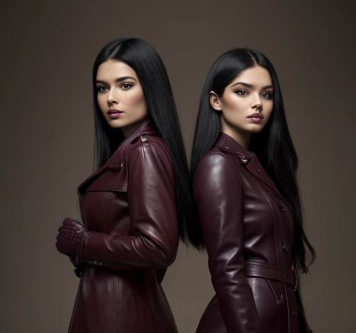 high quality, RAW photo, two girls, dressed in a long burgundy leather coat,  with buttons, gloves, Her long black hair, Breast DecorationHigh Definition, accuracy, masterpiece, In detail, 