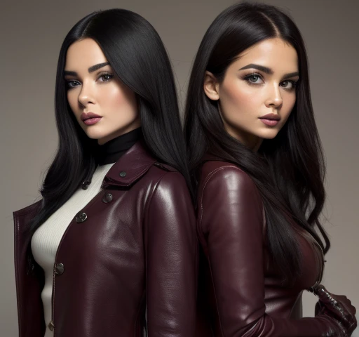 high quality, RAW photo, two girls, dressed in a long burgundy leather coat,  with buttons, gloves, Her long black hair, Breast DecorationHigh Definition, accuracy, masterpiece, In detail, 