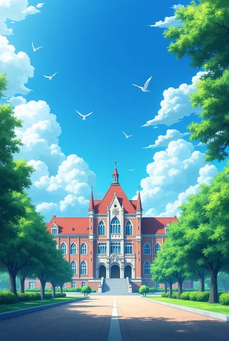 "An anime-style image of a large school building. The school is the main focus, with some trees on the sides and a few birds flying around. The setting should feel peaceful and bright, capturing the essence of a typical anime school environment."