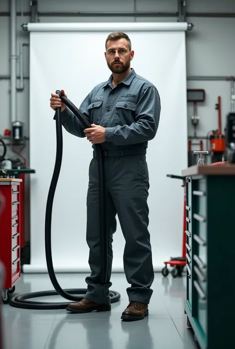 an engineer holding a multipurpose black hose, scene in a mechanic&#39;s workshop,  minimalist white studio background, hyperrealistic