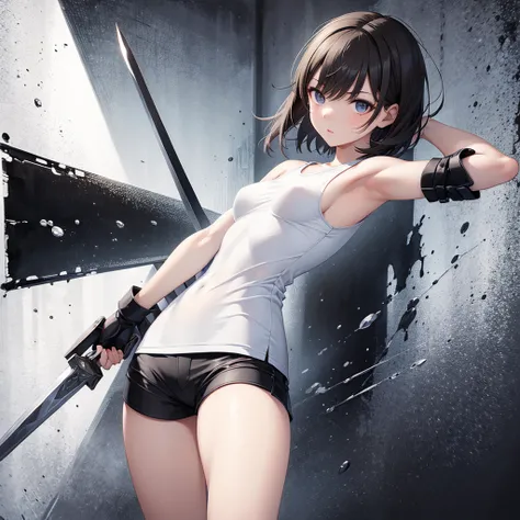 (masterpiece), best quality, expressive eyes, perfect face, White very short tank top, very short hot pants, black stockings, full body, She is holding a sword and striking a cool pose