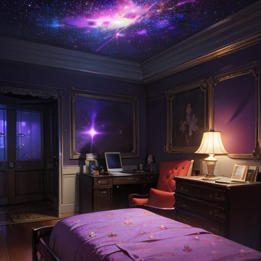 night sky-hued kid’s cloyingly sentimental bedroom hideaway with violet-black (rgb 9,0,7) glow-in-the-dark starry walls, carpeted rich dark brown stained wood flooring, and brightly colored furniture and décor; nightcore, spacecore, galaxycore, vibrant, sa...