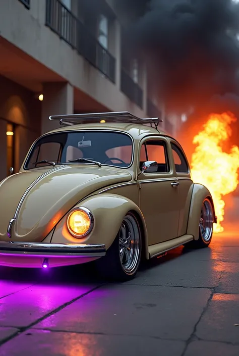 Beige Beetle,demoted,Xenon headlights,neon violet underneath,very shiny chrome wheel,Smoked glass,with fire coming out of the exhaust pipe