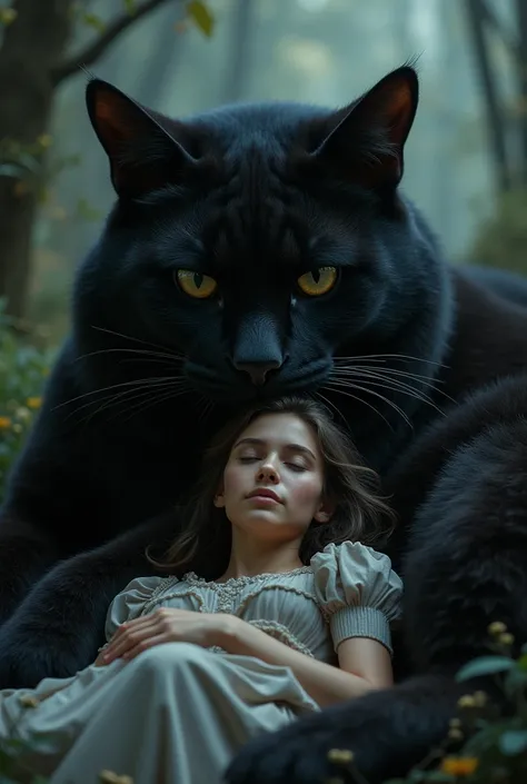 Giant black cat as a backrest for a young woman sitting
