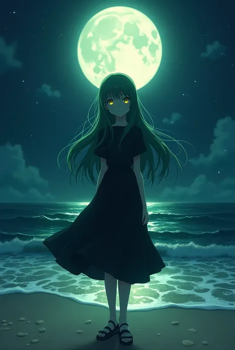 anime, teenager, women, Long hair, green hair, yellow eyes, dark clothes beach background at night 