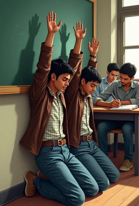 Side view of Two 1 indian males wearing long as check shirt with top three button off denim trousers and square buckle belt and leather jacket kneeling down in the classroom corner  against the Wall with their hands raised straight very high up. Boys are t...