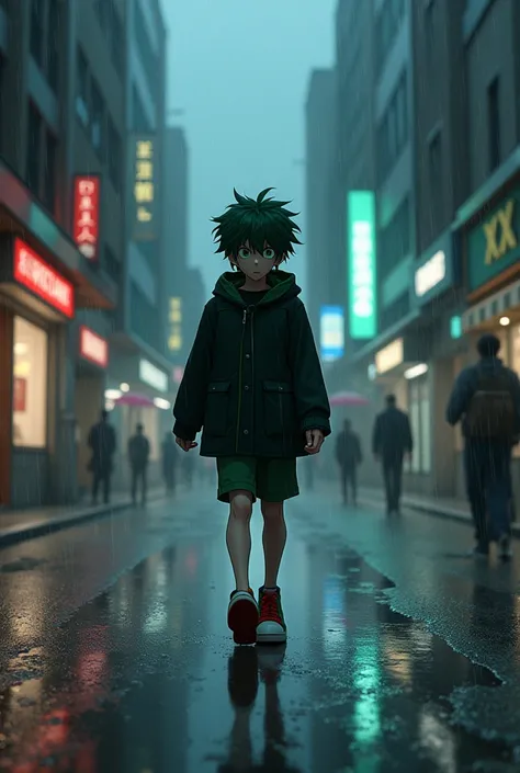 Deku from boku no hero academy walking in the rain