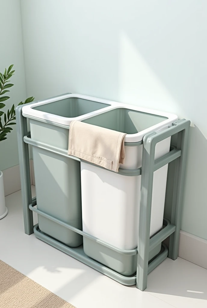 modern laundry basket, plastic for the support, waterproof lining fabric, Color-coded clothing compartment (dark, white and colored), behavior for cleaning products.