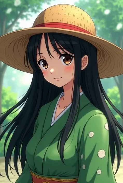 anime girl with long black hair with a brown hat like luffy from one piece covering her eyes and wearing a green kimono 