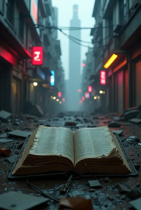 an abandoned Bible in a back alley of a cyberpunk city