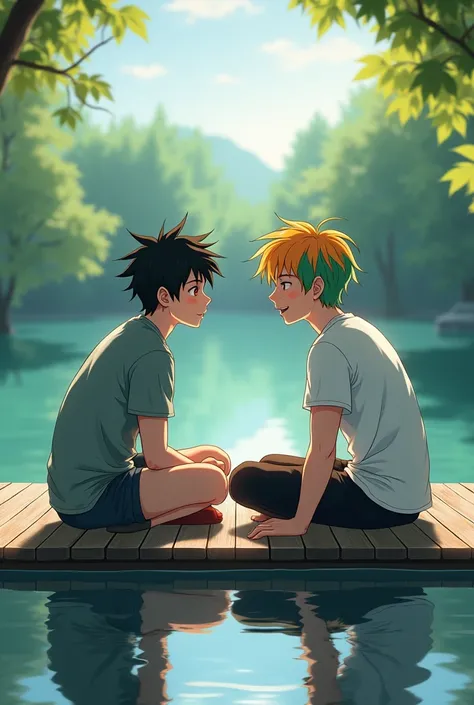 adult young japan man who has black-white shag cut hair and orange eyes he is sitting on a dock with his boyfriend who is a adult young canadian man with green-yellow-orange middle hair and they are chatting