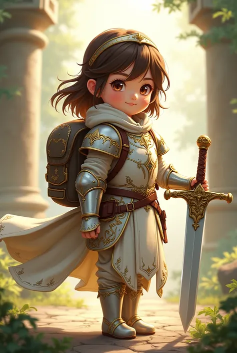 Caucasian female, around 2, brownhair, with light brown eyes, wears male armor, white and golden, carries a large backpack and has a sword and shield. She is a brave paladin, maternal and experienced. The setting is medieval fantasy. Non-realistic anime tr...