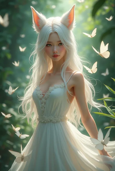 Beautiful girl with white fluffy long hairs, fox white ears, white  beautiful fluffy dress, white and clears skin, Elegant and Lithe look, playing with 15 butterflies down on the garden, relastic, beautiful background of jungle. 