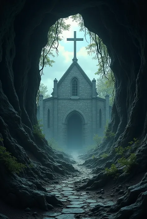 The entrance to a deep, dark cave, with the chapel of the Cross in the background.  You can add details like vegetation, rocks, and a mysterious air.