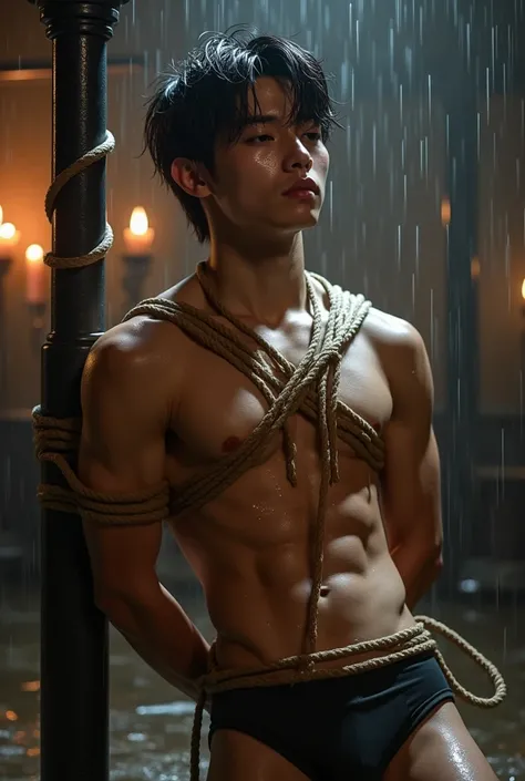 (((19 yo, muscular, fit, shirtless boy))), (((19yo, slim, muscular, fit twink))), (((ripped sixpack))), ((((Trussed up completely with rope)))), ((((ropes crossed over chest)))), (((body trussed up in tight fitting shibari ropes))), (((beautiful boy))), ((...