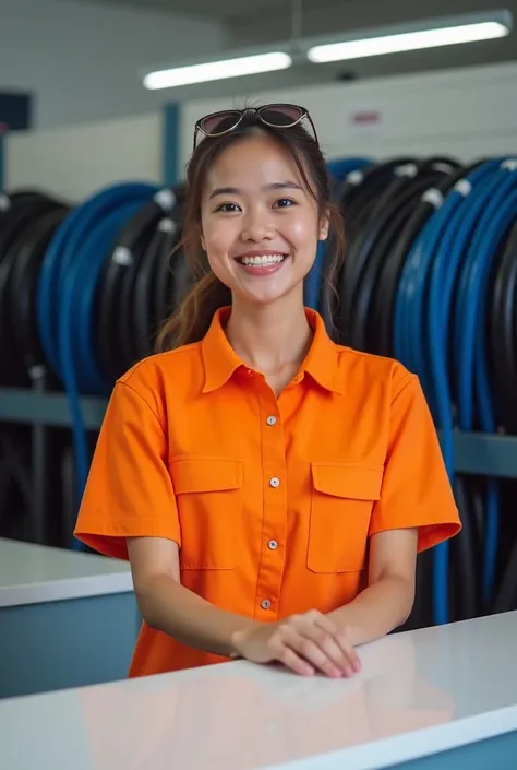 the counter of a hose shop, There is a smiling employee in an orange uniform, In the background you can see black hoses, blue, the place is white