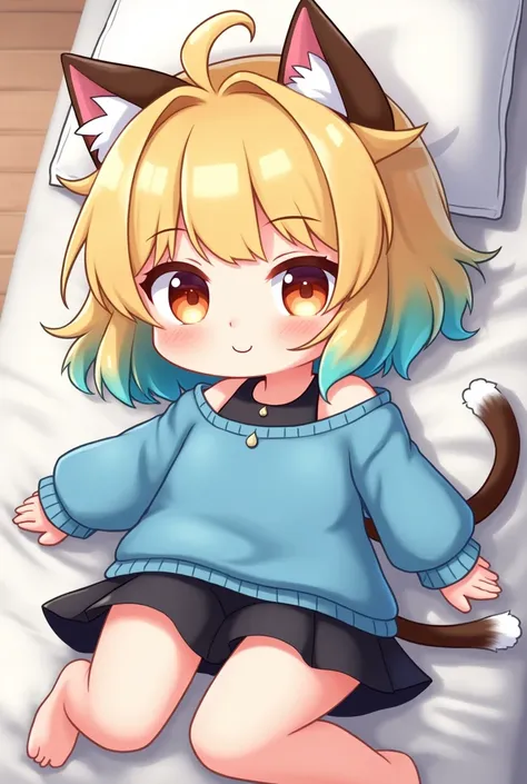 (masterpiece, best quality:1.2), chibi, solo, 1girl, necoarc, memcho, :3, short hair, blonde hair, multicolored hair, aqua eyes, slit pupils, blunt bangs, horns, (blue sweater:1.2), black shirt, bare shoulders, black skirt She is lying on the bed. 