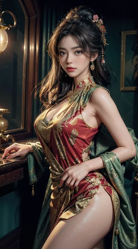 It is an art that depicts a charming young woman wearing flowing clothes., An oriental dress with dazzling silk decorated with intricate patterns and bright colors.. Her dress hung elegantly over her curvy figure., Emphasizing her seductive silhouette. She...