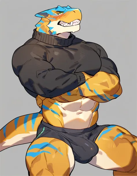 Bara tigrex, muscular, broad arms, large pecs, solo male, strong jaw, green eyes, perfect anatomy, hairless, great lighting, strong physique, tigrex, tight sweater, slitted eyes, widened eyes of shock, hand lifting up sweater to show abs, black turtleneck ...