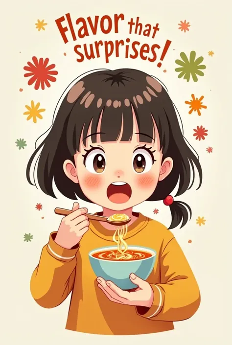 *6. The first bite* The girl takes the spoon, and with the first bite of her instant soup and her face lights up. His expression shows surprise and delight. Small drawings of flavor explosions are seen around his head, as if I were discovering something co...