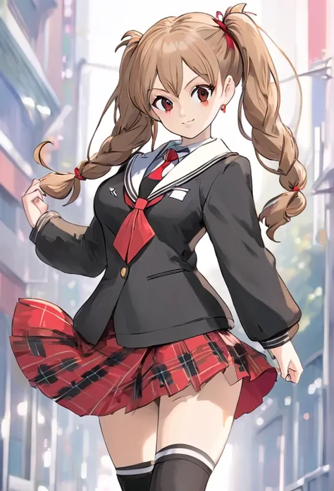 Create a full-body anime-style character with a dynamic, confident stance. She has long, wavy, light brown hair tied in two high pigtails with black and white bear hairpins. The character is wearing a black and white school uniform-inspired outfit with a r...