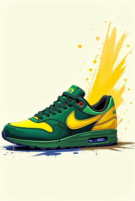 create a drawing of a nike sneaker, with the colors of Brazil, and with the Brazilian flag, try to be less realistic